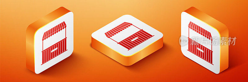 Isometric Street stall with awning and wooden rack icon isolated on orange background. Kiosk with wooden rack. Orange square button. Vector